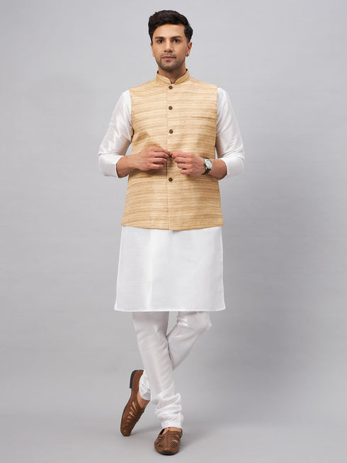Vastramay Men's Beige Matka Silk Nehru Jacket With White Silk Blend Kurta Pyjama Set